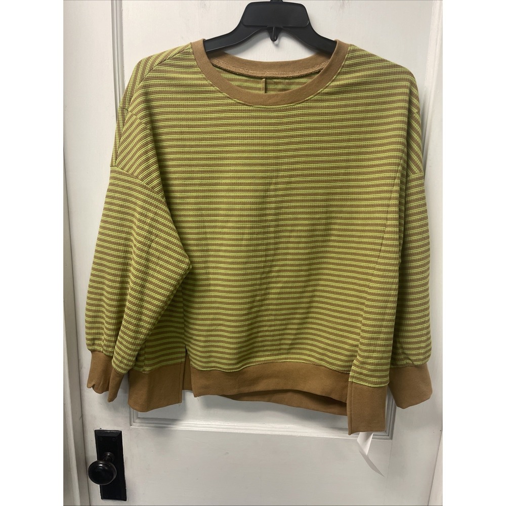 NWT FISOEW Womens Size Medium KnitPullover Top Green/brown Stripes.